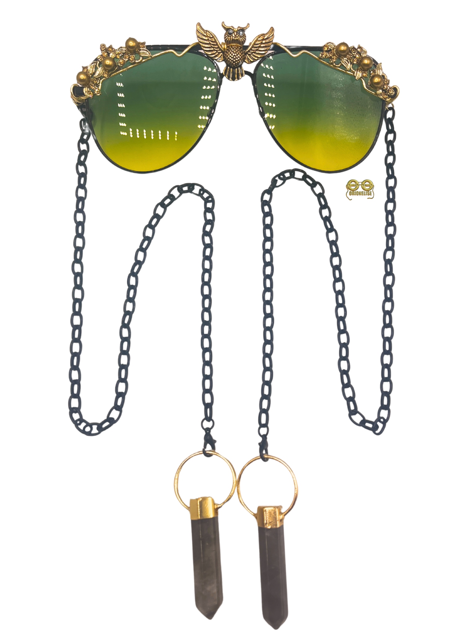 "All The Wiser" fashion eyewear by Orion Elise. Handcrafted black wire frame with captivating ombré lens transitioning from emerald green to golden yellow. Delicate gold wire accents and black chain with mesmerizing tourmaline stone.
