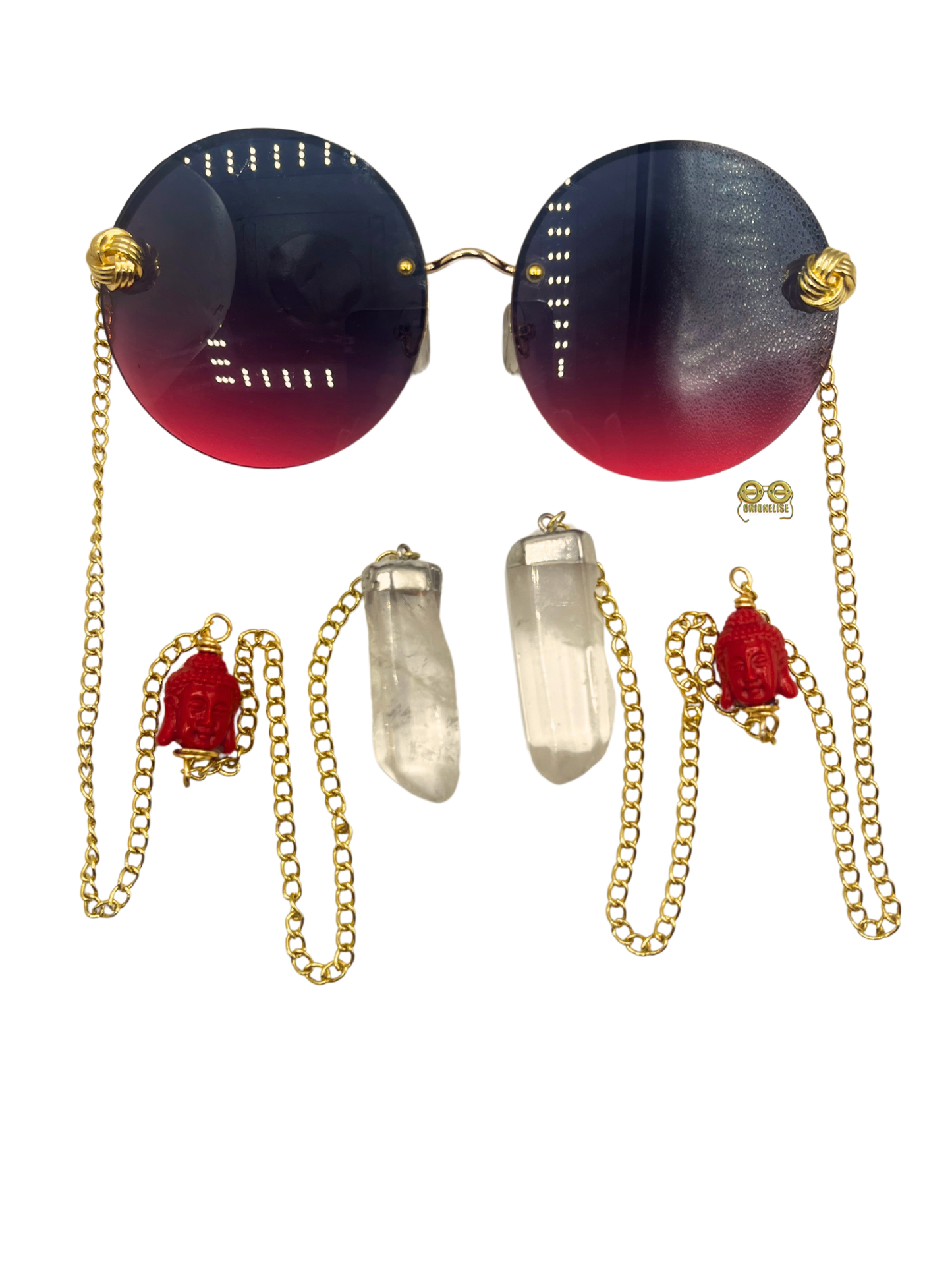 Zensational fashion eyewear by Orion Elise. Chain link glasses with striking red frame and gold custom red deity head chain. Clear quartz on ends radiates purity and clarity. Empower yourself and embrace your true potential with Zensational.