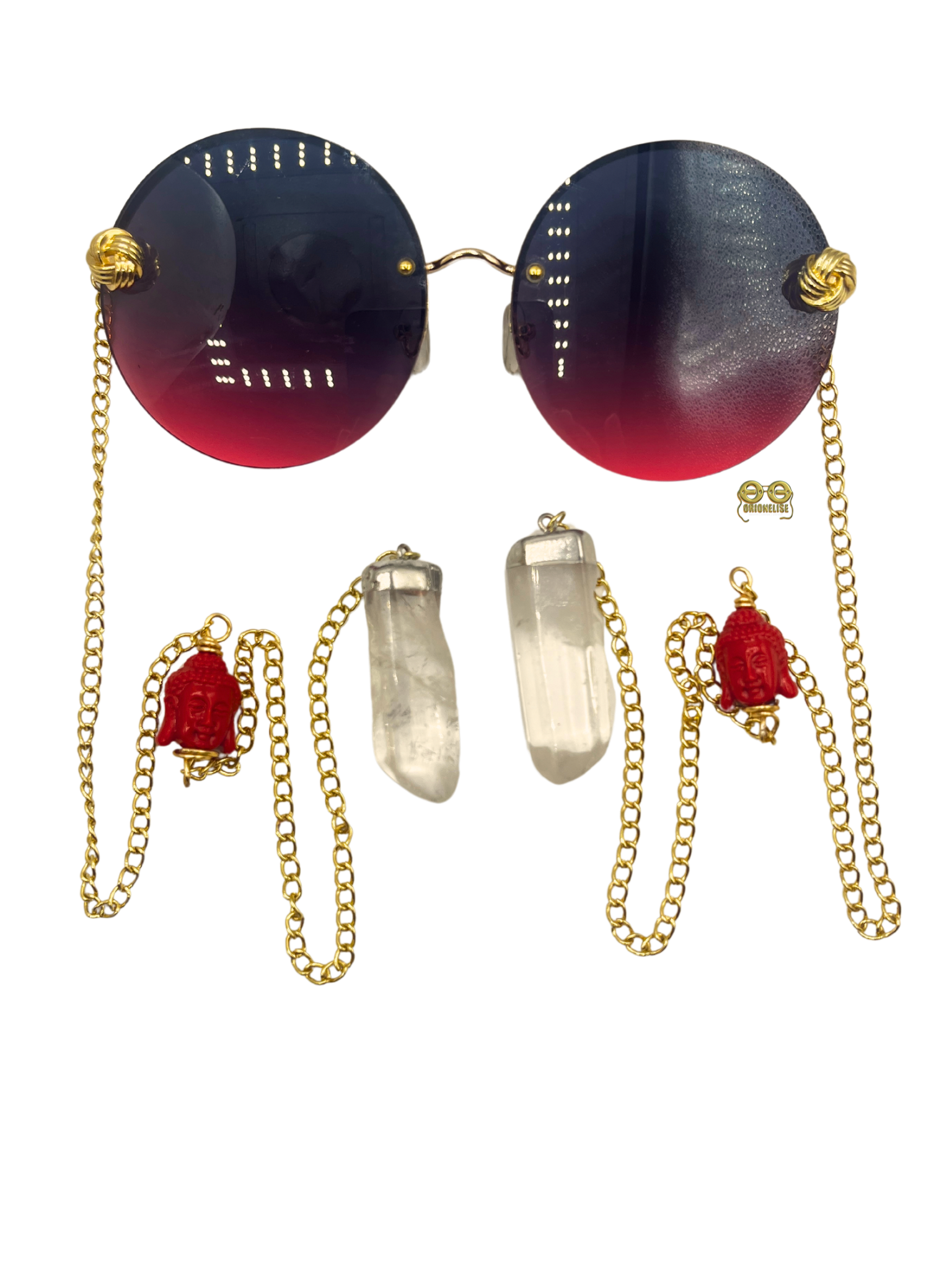 Zensational fashion eyewear by Orion Elise. Chain link glasses with striking red frame and gold custom red deity head chain. Clear quartz on ends radiates purity and clarity. Empower yourself and embrace your true potential with Zensational.